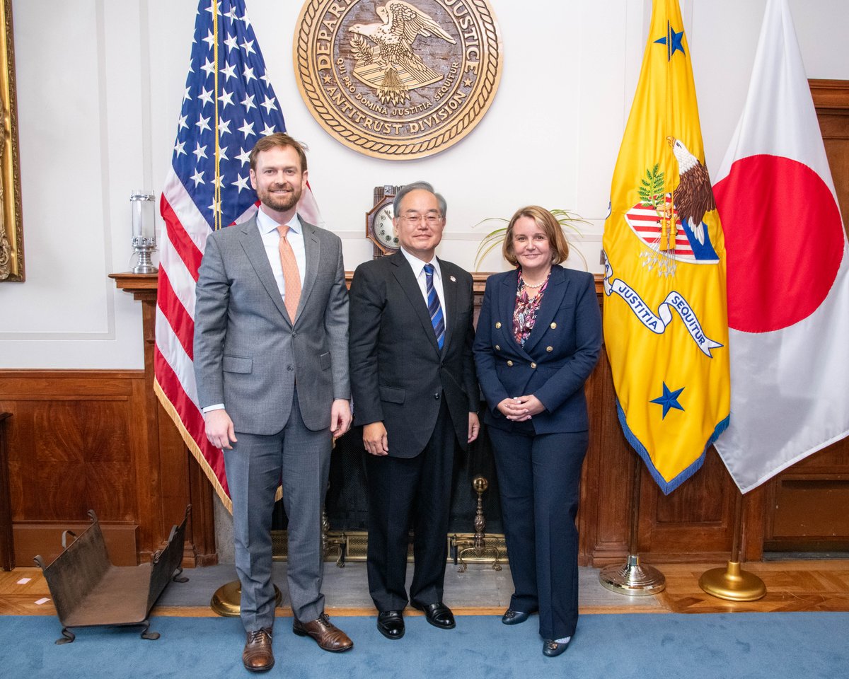 JusticeATR's tweet image. Justice Department, Federal Trade Commission, and Japan Fair Trade Commission Meet in Washington to Continue Their Long History of Engagement
“The Japan Fair Trade Commission is one of our closest and most important international partners,” said @AAGSlater. “We are grateful to…