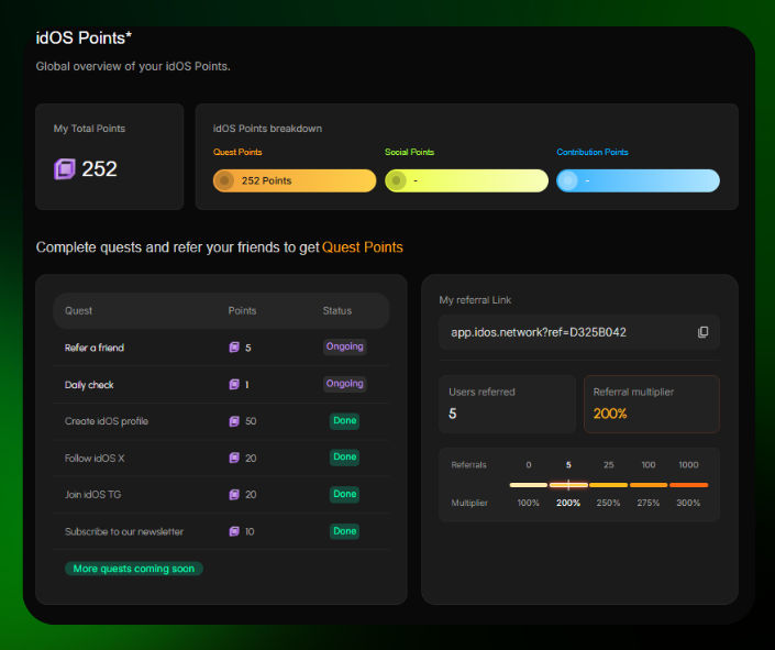 The <a href="/idOS_network/">idOS</a> is a decentralized identity network, open-source and chain-agnostic, built to give you back control of your data in web3

The points campaign is active and is super simple to start.

📗facial verification to get started,

social tasks:

📗Create your profile