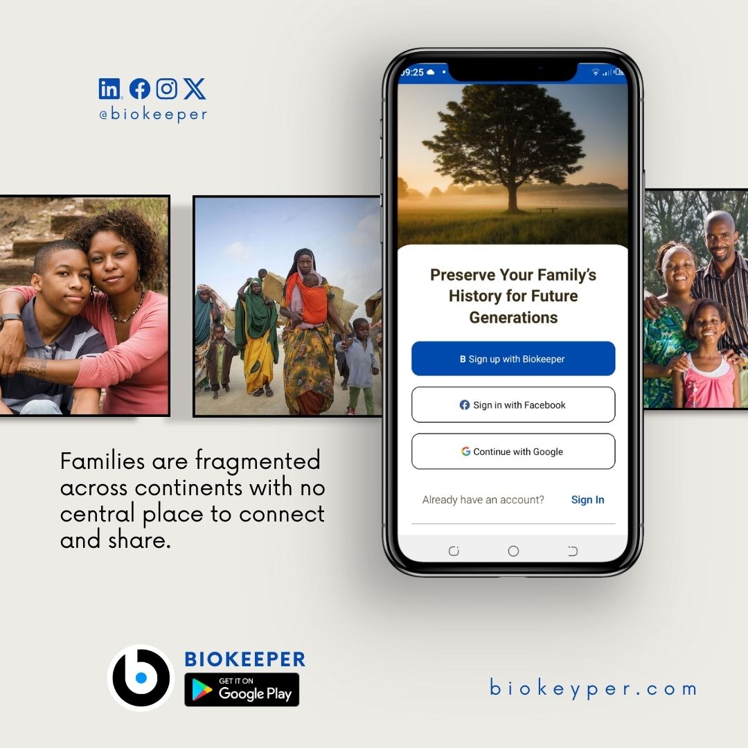 Biokeeper_App's tweet photo. Families today are scattered across continents. 

Without a central place, our shared memories fade. Let’s connect, share &amp; preserve a collective history for generations.

Learn more 👉🏿 https://t.co/cvvywWyuZd
#FamilyLegacy #DigitalHeritage #PreserveMemories https://t.co/u2CaMQ1FBy
