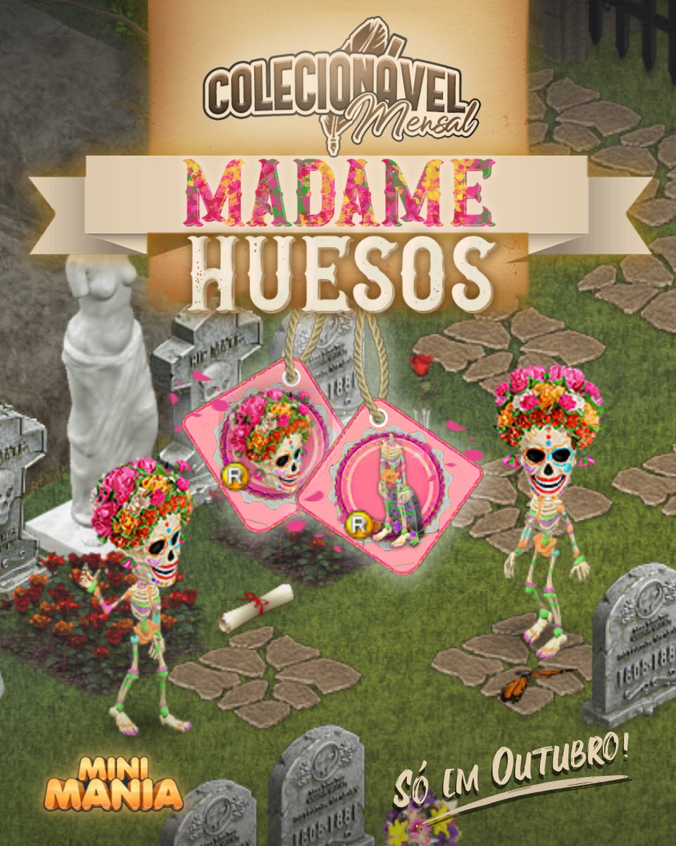 MiniManiaApp's tweet photo. ¡Ariba! Os colecionáveis mensais de outubro estão saindo diretamente do túmulo: conheça a caveira mais estilosa de todos os tempos, Madame Huesos. Garanta já a partir de terça-feira (30/09) e entre na imersão temática deste novo mês!
#MiniMania #MiniManiaApp #MiniManiaAppEn #Jogo #Game