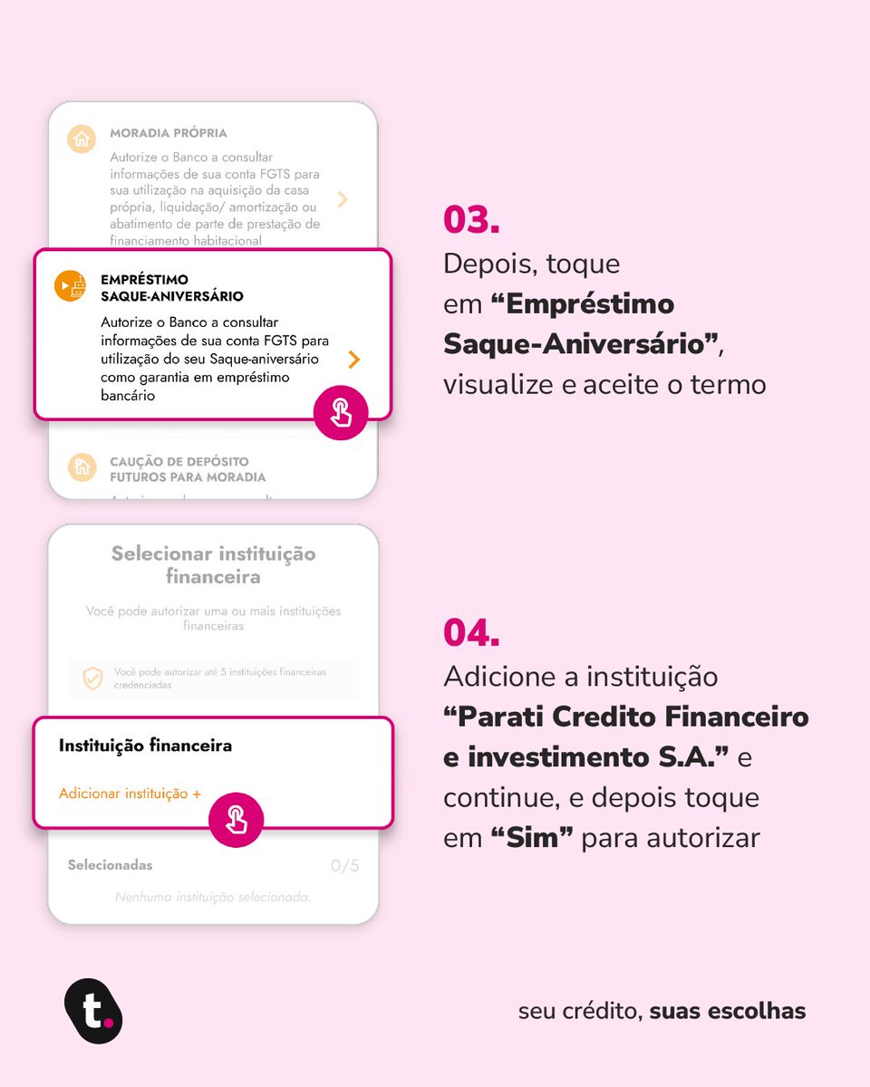 meutudoapp's tweet image. Por que pedir sua autorização para consultar o saldo do FGTS? E quem é a Parati Financeira? 🤔

👉 Deslize para o lado e confira as respostas!

#meutudoapp #paratifinanceira #crédito #meutudo #fgts #autorizarconsulta