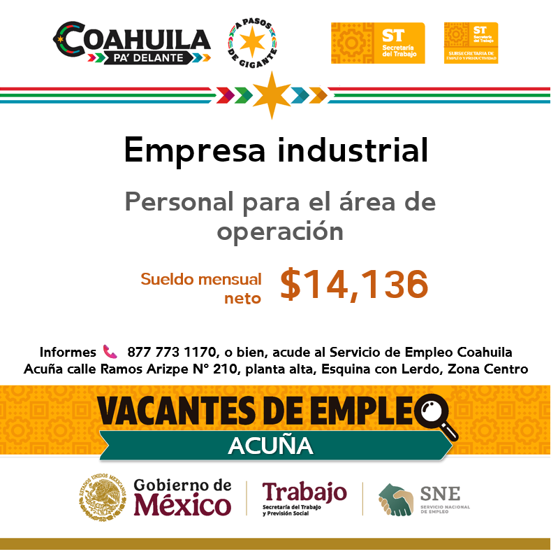 SNEACUNA's tweet photo. 📢Vacante de empleo en #RegiónNorte  💼🔎 
#Acuña
📌 Servicio de Empleo Coahuila #Acuña
 📍 Dirección: Ramos Arizpe N° 210 esq. con Lerdo, planta alta, Zona Centro 
 📞 Informes: 877 7731170

Contáctanos hoy mismo.  🙌

#CoahuilaPaDelante #APasosDeGigante #SNEparaTodos https://t.co/CEm371GTWj
