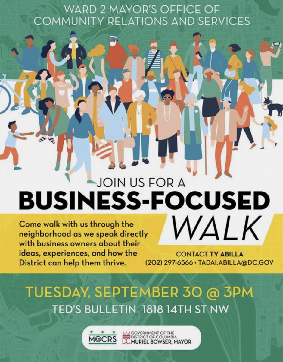DCMOCRS's tweet photo. Tomorrow! Join @Ward2MOCRS for a neighborhood walk to connect with local businesses, share ideas, and explore how the District can best support.  📍 Ted’s Bulletin, 1818 14th St NW 🕒 3:00 PM  #Ward2 #DC https://t.co/HDC15UZsRD