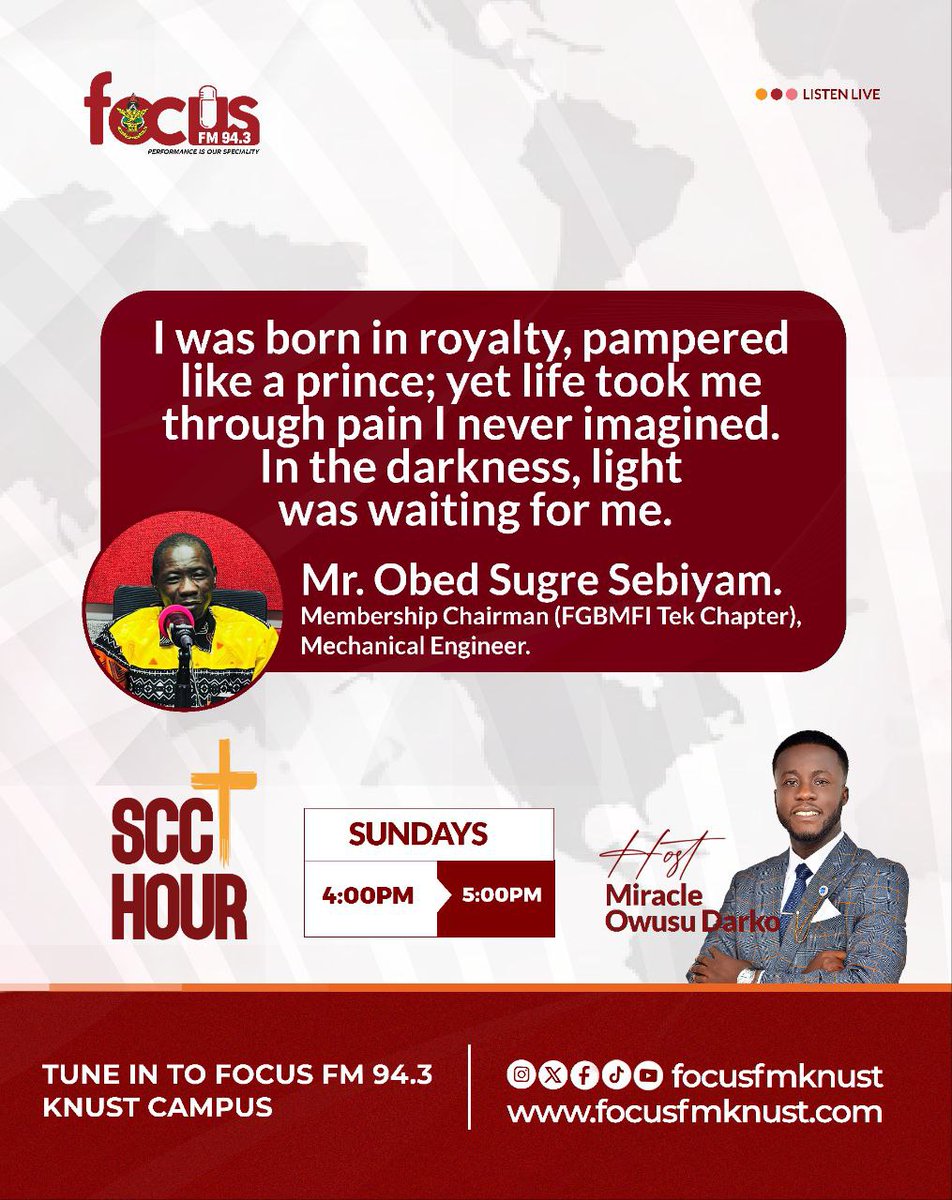 knustfocusfm's tweet photo. Royalty, betrayal, destiny โ Godโs hand never leaves me. Watch the exact moment here: https://t.co/ASXcQo7j5h
Watch full stream here: https://t.co/4Tw4XE3VMJ
#scchour #FGBMFI #Focus943FM https://t.co/RQuu1shYfP