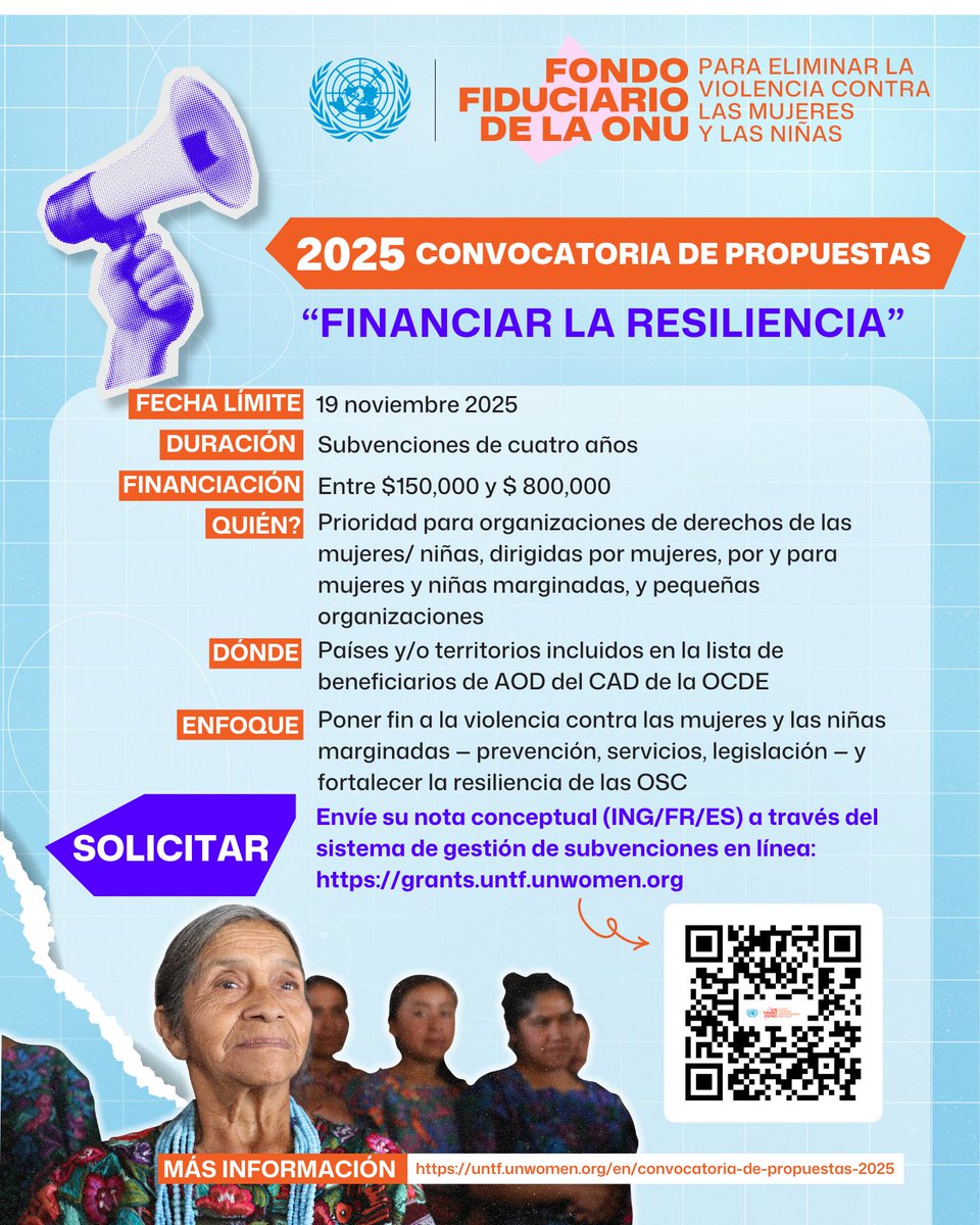 📢 Ya está abierta la #convocatoria de propuestas del Fondo Fiduciario de la ONU para Eliminar la Violencia contra las Mujeres y las Niñas.

Dirigida a organizaciones de la sociedad civil, ofrece subvenciones de hasta 800,000 USD durante cuatro años.

Consulta ➡️