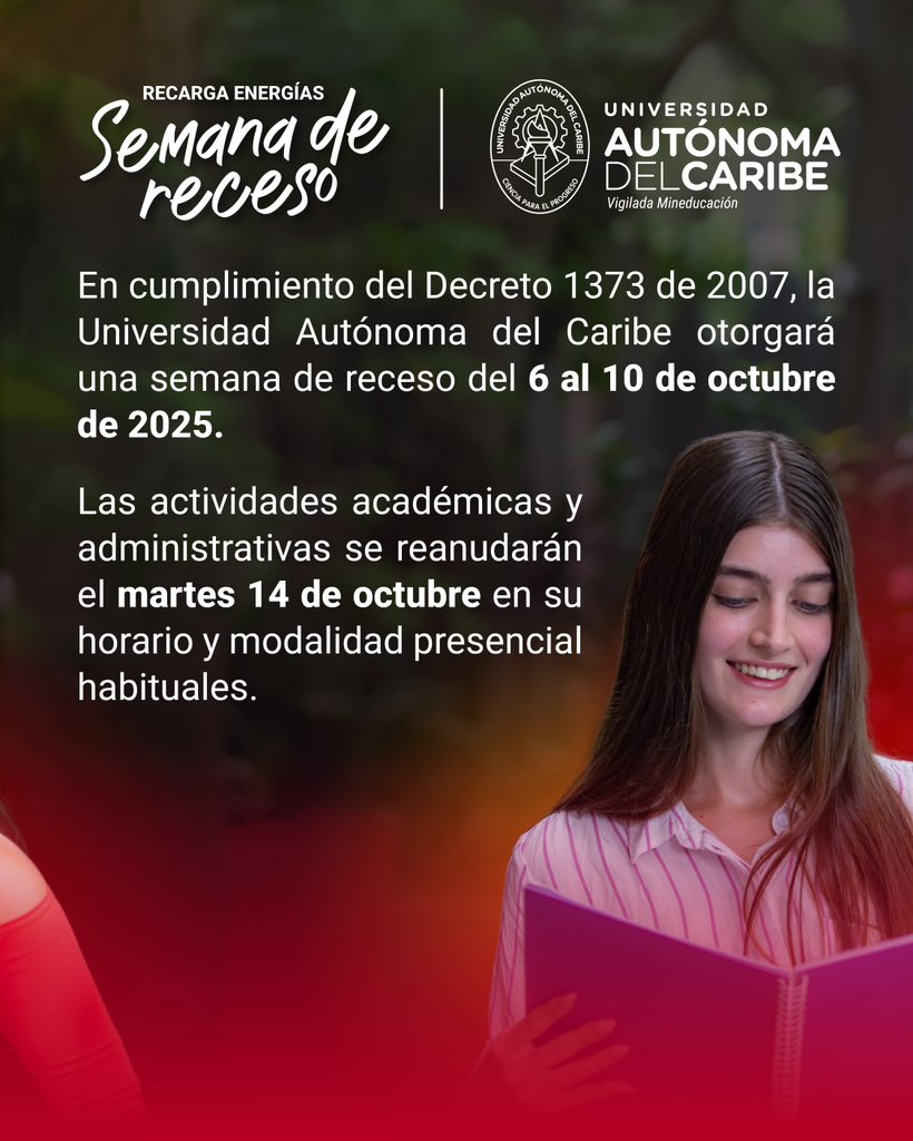 UAutonoma's tweet photo. ✨ ¡Es hora de recargar energías!✨
Del 6 al 10 de octubre vive tu Semana de Receso. 
Una semana para descansar y compartir 🔋 antes de continuar con nuestras metas académicas y profesionales. 📚🌟

El martes 14 de octubre retomamos nuestras actividades en el horario y modalidad habituales. 🤩