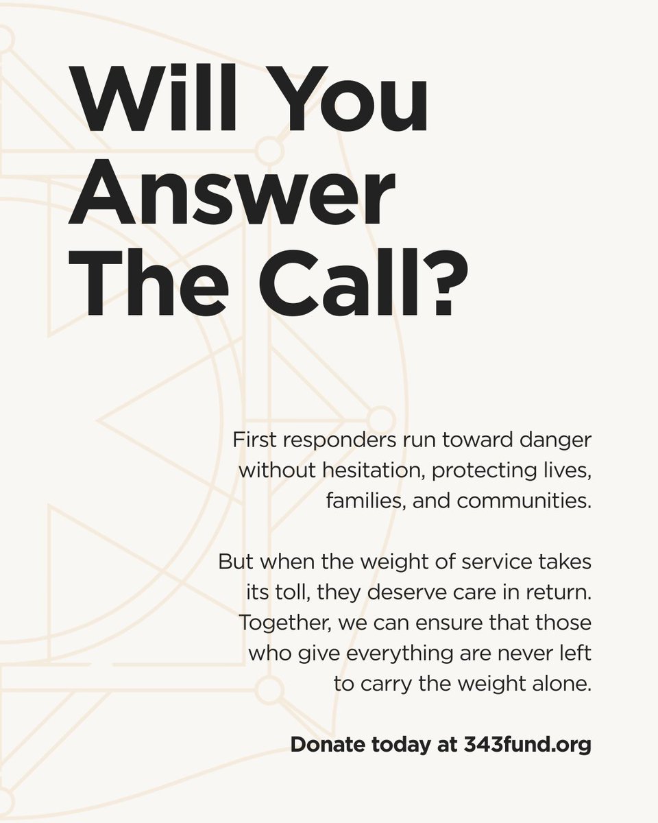 343Fund's tweet image. The toll of service is heavy. At the 343 Fund, we believe those who give everything in service deserve the same commitment in return. Will you answer the call to stand with them? Donate today at 343fund.org

#343Fund #AnswerTheCall #SupportFirstResponders #Healing