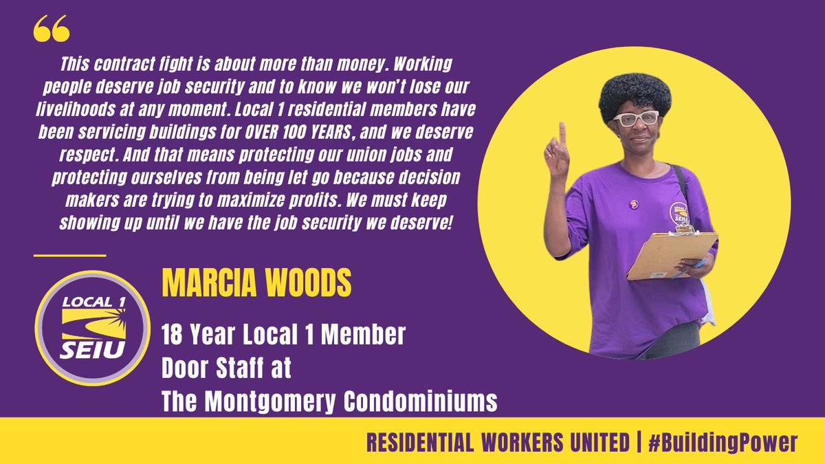 SEIULocal1's tweet photo. Contract negotiations affecting 1,500 Chicagoland working families continue later this week, and member leaders like Marcia know a FAIR CONTRACT for door staff means more than fair wages. It means getting the respect that Local 1 residential members have EARNED! #BuildingPower https://t.co/GhEguRDQk0
