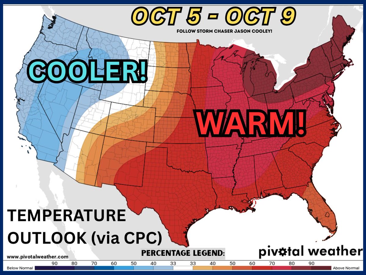 Beginning October on the warm side!

Here is the mid-range temperature outlook for October 5th-9th, highlighting above-average temps LIKELY across the eastern 2/3rds of the country. Toasty for this time of year in the Midwest to Northeast! But signs off cooler weather are