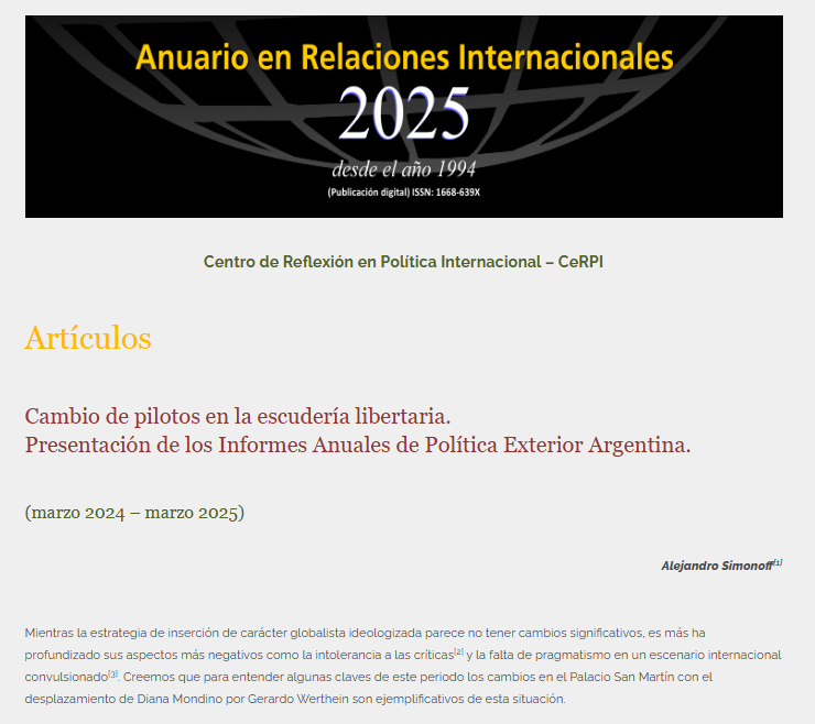 ce_rpi's tweet photo. Compartimos la publicación del Anuario en Relaciones Internacionales 2025 del @iriunlp 
Dentro del anuario se encuentra el apartado del CeRPI con diversos artículos sobre la Política Exterior Argentina.
Aquí compartimos  la presentación :"Cambio de pilotos en la escudería https://t.co/KJ3CmqLpnx
