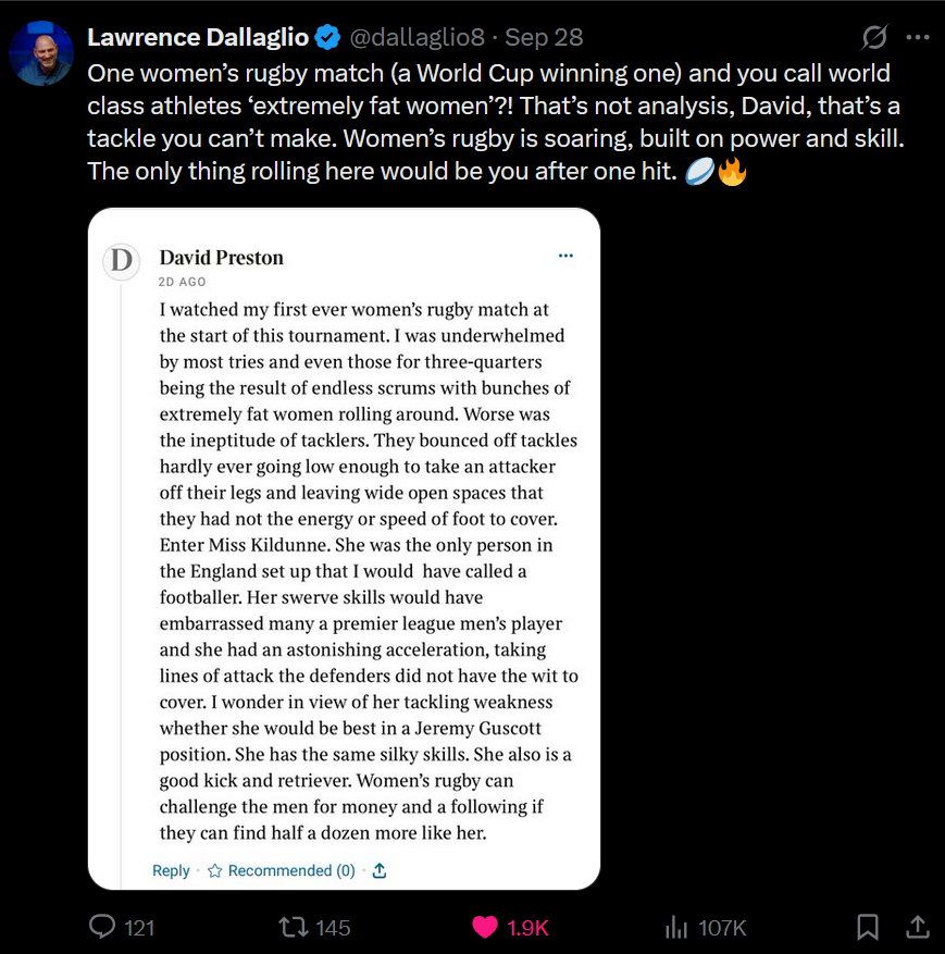 JeffBlackham's tweet photo. I don't venture on here much now and the replies to this post are why, but well done @dallaglio8 for calling this out. (It may make me feel dirty agreeing with you on something rugby related though 😀) https://t.co/scp0EiLHPi