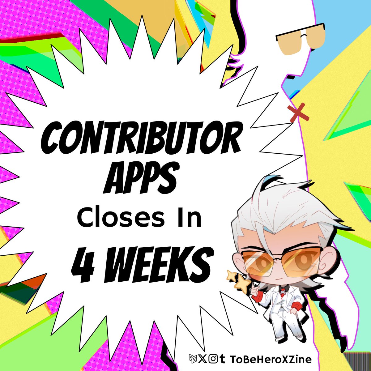 📝 CONTRIBUTOR APPS: 4 WEEKS LEFT

Calling all To Be Hero X fans! Zine apps close in 4 weeks!

✧ Page &amp; Spot Artist: forms.gle/Q5RHVH2CjRFcrH… 
✧ Merch Artist: forms.gle/sHoTjmG9oYG8dV…  
✧ Writer: forms.gle/CYPxM7yTNCEqq5…