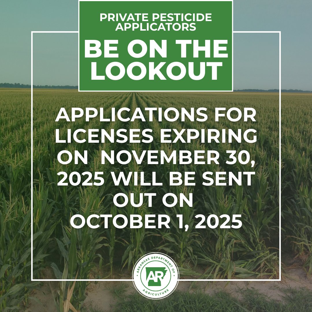 Be On The Lookout: License Renewals Coming Soon  

If your private applicator license expires November 30, 2025, watch your inbox or mailbox. Renewal applications will be sent out on October 1st. Be sure to read the instructions thoroughly and submit your completed application as