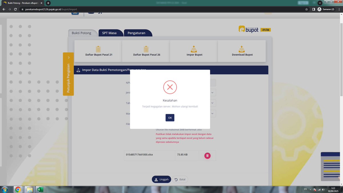 GerryRahdian's tweet photo. @kring_pajak min ini gimana solusinya, sy mau import pph 21 th 2024 di ebupot pph 21 notifnya gini terus, padahal sudah sesuai dengan template format skema importnya, udah 4 hari nih, mohon solusinya https://t.co/OO2e3tU1qV