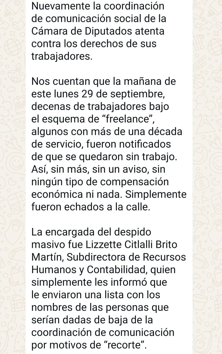 Asamblea_TQH's tweet photo. Nos hacen llegar esta denuncia anónima sobre el despido de 29 compañeros trabajadores de comunicación social de la cámara de diputados. https://t.co/I5LPtaVYBl
