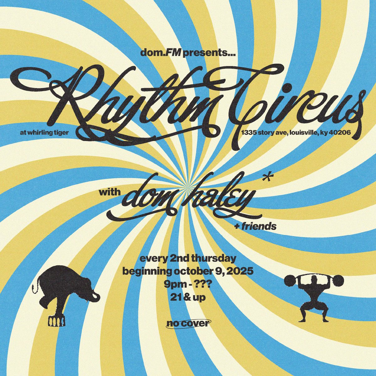 starting thursday, october 9, 2025, i’ll be at whirling tiger every second thursday of the month! gonna keep special guests and 1 of 1 vibes going… pull up on me for RHYTHM CIRCUS 🏋🏿‍♂️🎪