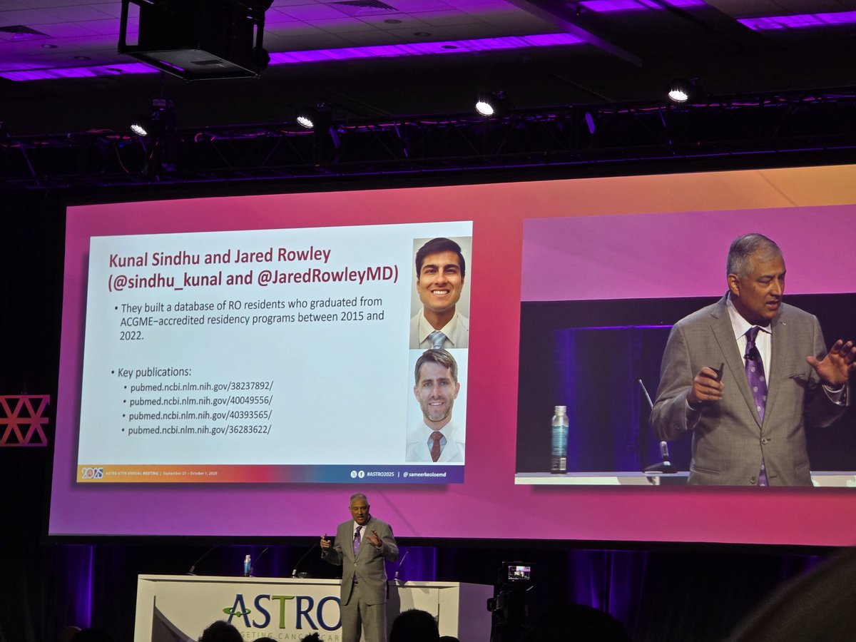 Huge shoutout by ASTRO President <a href="/SameerKeoleMD/">Sameer Keole</a> at the #ASTRO25 Presidential Address 👏

<a href="/sindhu_kunal/">Kunal Sindhu</a> Associate PD  <a href="/MountSinaiRO/">Mount Sinai Radiation Oncology</a> and
<a href="/JaredRowleyMD/">Jared Peralta Rowley, MD</a> Assoc. PD <a href="/MaimonidesInfo/">MaimonidesMC Info</a>

Both are doing incredible work advancing RO through data, mentorship &amp; scholarship 💪📊✨
