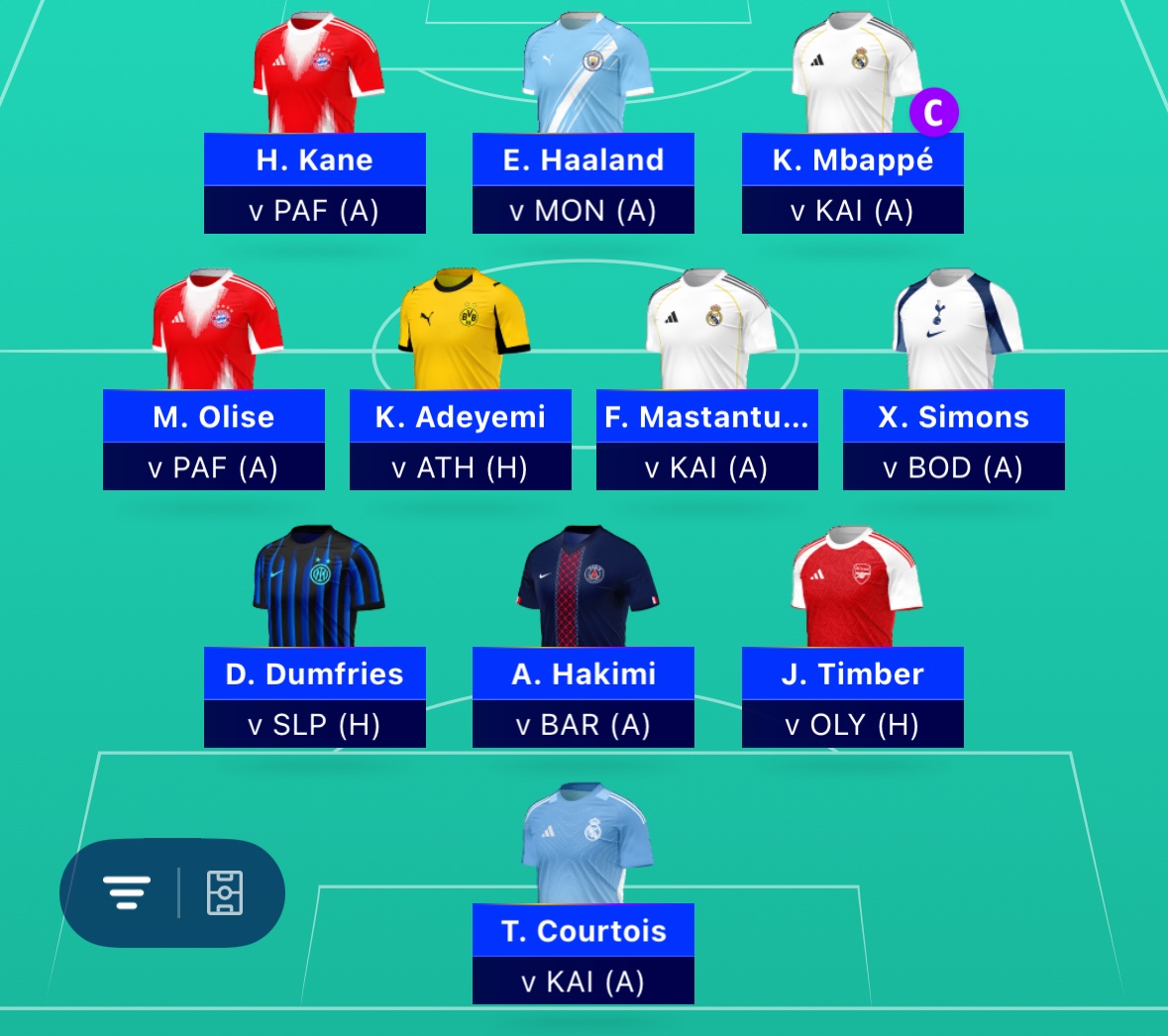 Niklastit's tweet photo. Jeg havde egentlig besluttet mig for ikke at lave nogen udskiftninger, men så blev Raphinha skadet. Derfor bruger jeg mine to udskiftninger – Adeyemi og Courtois kommer ind.
#clfantasy #cldk https://t.co/d4Eejyo5AD