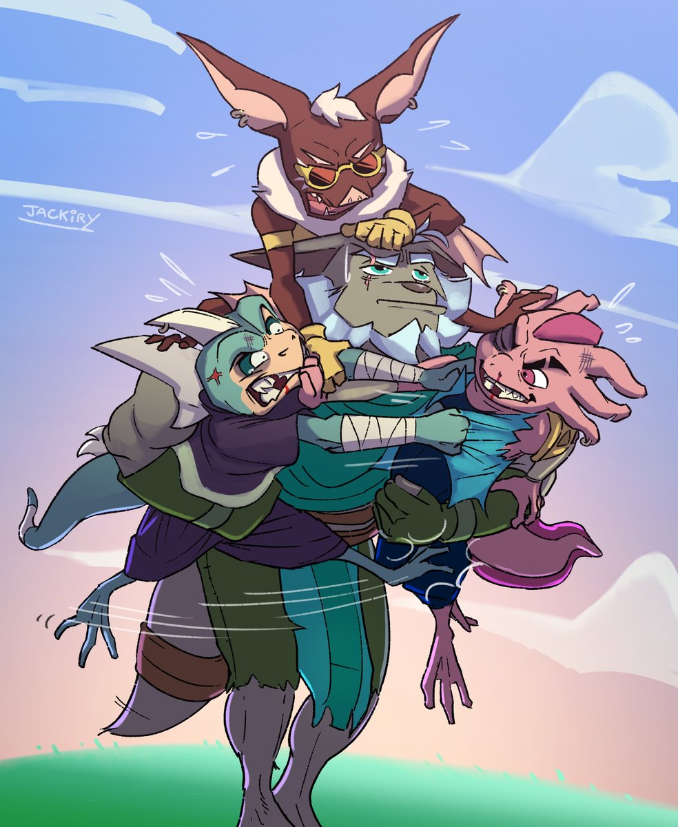 the 3 brats and 1 exhausted eperin (-‿-")

#windblown #fanart #eperin #basilisk #axolotl #bat