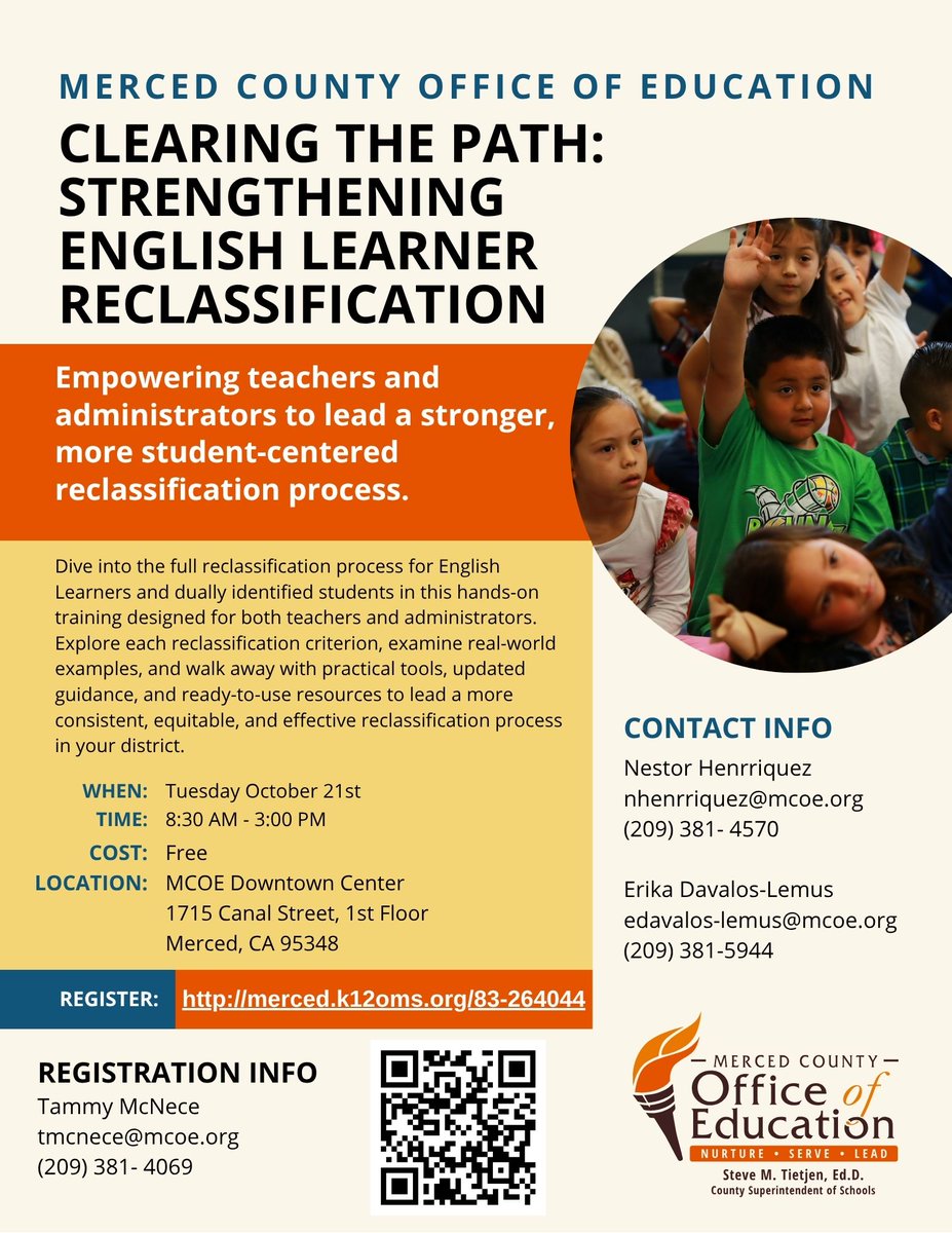 Join the hands-on training for teachers and administrators on the reclassification process for English Learners and dually identified students! 

📆: Tuesday, October 21
⏰: 8:30 a.m. - 3 p.m.
📍: MCOE Downtown Center
💰: Free

Register 👉  merced.k12oms.org/83-264044