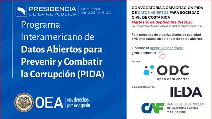 Es mañana martes 30 de septiembre 🗓️

Si eres parte de una organización de sociedad civil de Costa Rica🇨🇷, aún estás a tiempo para regístrate a nuestra capacitación gratuita de datos para aprender cómo aprovecharlos:

oas.org/ext/es/princip…