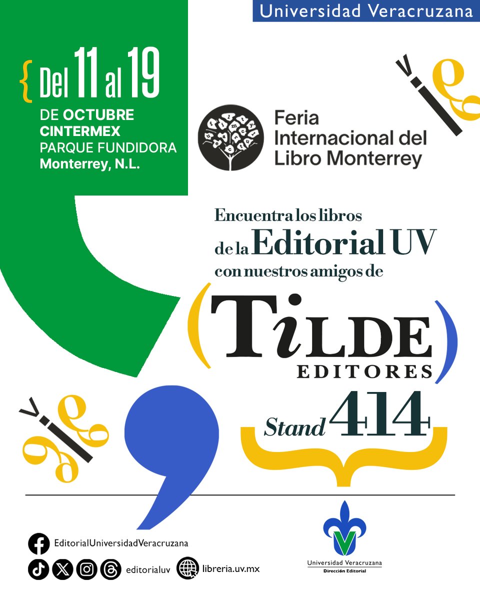 🥳📚 Nos vamos a la Feria Internacional del Libro Monterrey <a href="/FeriaLibroMty/">Feria Internacional del Libro Monterrey</a> 

Del 11 al 19 de octubre encontrarás todas nuestras novedades en el stand 414 de Tilde Editores.

#EditorialUV