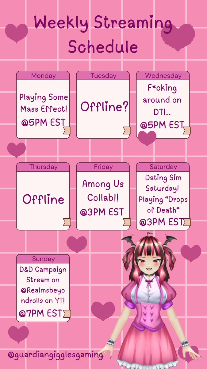 Finally, I'm going to start doing a stream schedule! (We will see if I stick to it lol) Still, we might stream randomly or switch things up, but we're going to try!

My Twitch: twitch.tv/guardiangiggle…