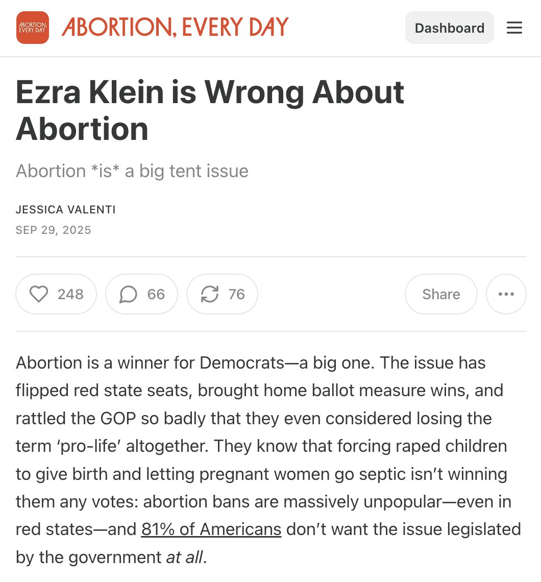 To single out abortion as the place for compromise is to ignore the political reality of the last three years.   

And in a moment when the stakes are so high—as women are literally dying—being both confidently wrong and hugely influential is straight up dangerous. 

Read my new
