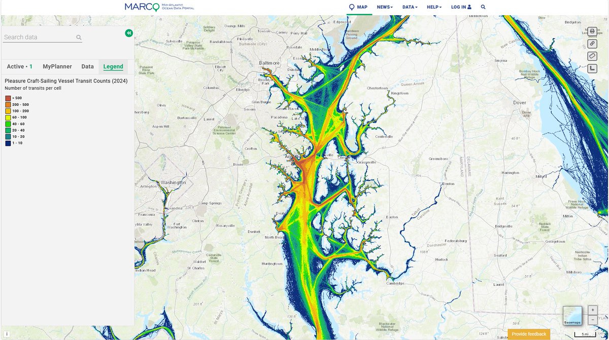 #MondayMapDay: AIS vessel tracks showing 2024 traffic patterns in the #ChesapeakeBay for pleasure craft and sailboats. Interactive map: portal.midatlanticocean.org/url_shortener/…

#mapmonday #mappingmonday #sailing #boating