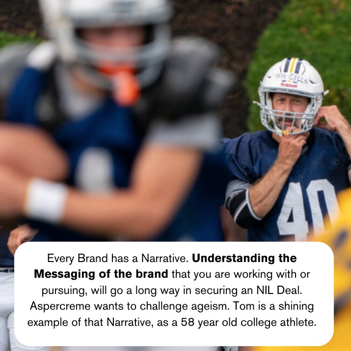 NIL_LLC's tweet photo. Here are few Lessons student-athletes can learn from 58yr old @WarriorsFBall player Tom Cillo and his ground-breaking @aspercreme deal. Athletes. It’s time to get in the Game! 
#Aspercreme #NIL #TomCillo #Lycoming #NCAA #D3 #BrandDeal #NILLLC https://t.co/QlzHibi0CF