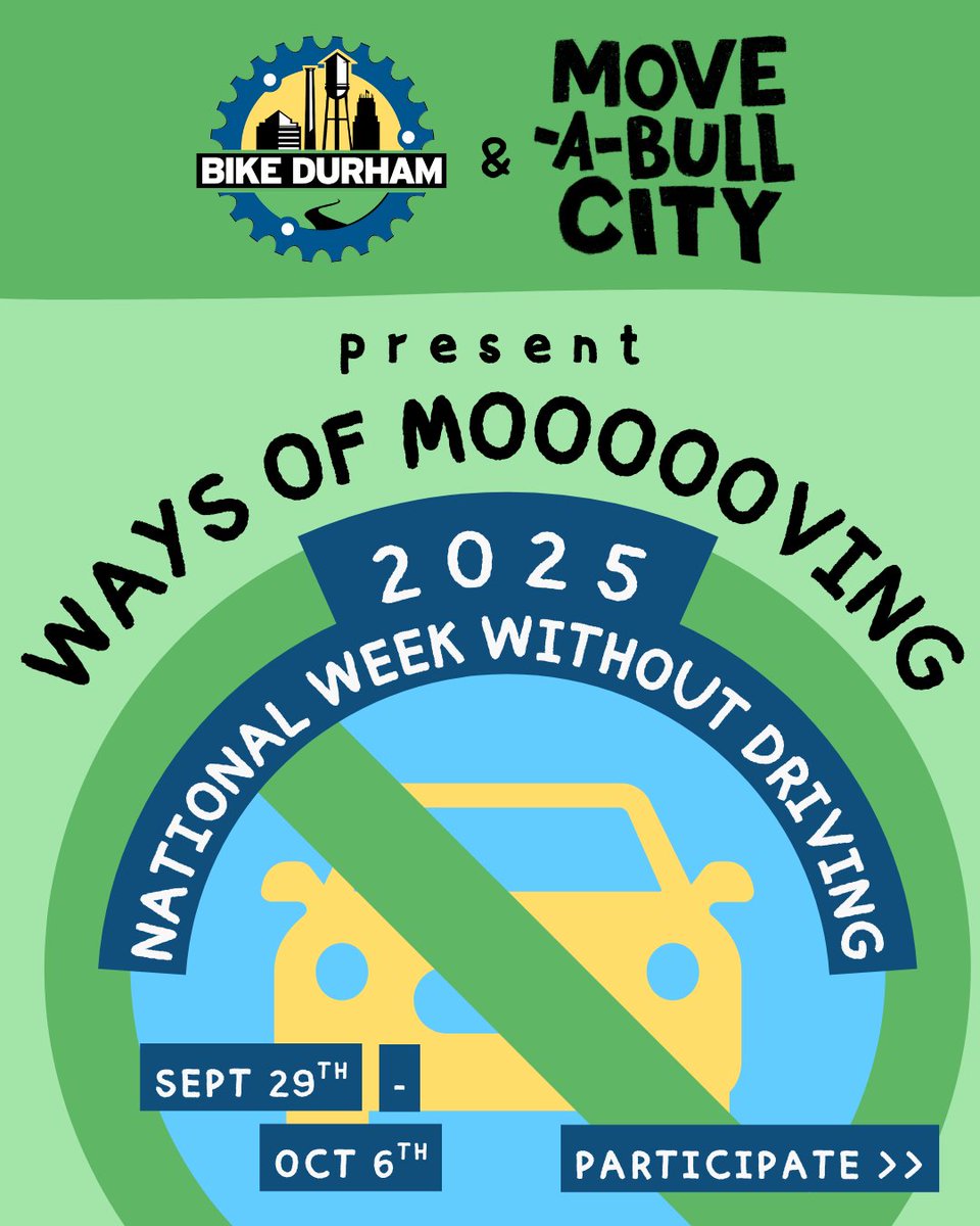 BikeDurham's tweet image. #NationalWeekWithoutDriving is underway and will culminate with Move-A-Bull City - our annual sustainable transit celebration turned massive, car-free open streets event this year. So, what better way to move through National WWD than through the lens of movement?