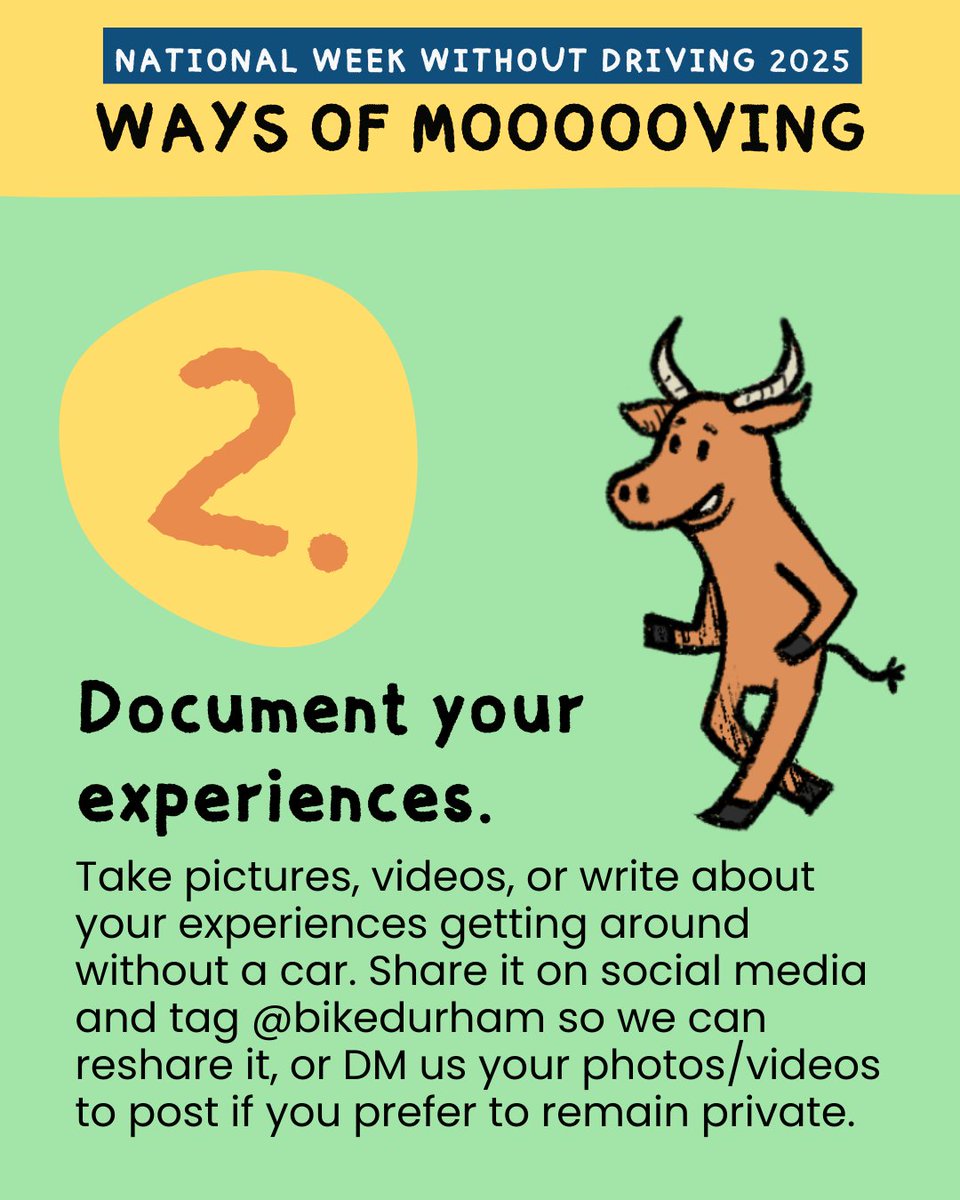 BikeDurham's tweet image. #NationalWeekWithoutDriving is underway and will culminate with Move-A-Bull City - our annual sustainable transit celebration turned massive, car-free open streets event this year. So, what better way to move through National WWD than through the lens of movement?