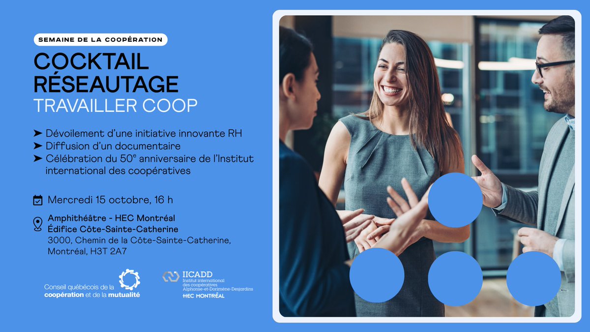 𝗖𝗼𝗰𝗸𝘁𝗮𝗶𝗹 𝗿é𝘀𝗲𝗮𝘂𝘁𝗮𝗴𝗲 𝗧𝗿𝗮𝘃𝗮𝗶𝗹𝗹𝗲𝗿 𝗖𝗢𝗢𝗣 | Le travail, c’est plus qu’une job. C’est humain. Venez en discuter lors de ce cocktail réseautage!
📅 Mercredi 15 octobre à 16h
📍HEC Montréal, Édifice Côte-Ste-Catherine

Info: cqcm.coop/evenements/coc…