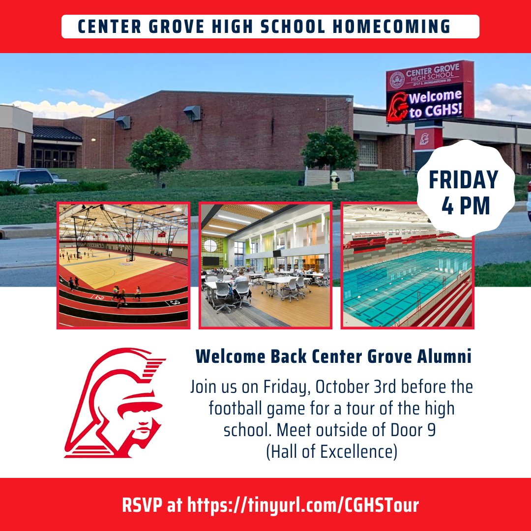 CenterGroveAlum's tweet photo. It’s Homecoming Week, and we’re excited to welcome back our Center Grove alumni!

Want to see how much the high school has changed? Join us for a tour this Friday at 4:00 PM outside of Door 9. We’d love to show you around! Please RSVP at https://t.co/f6gjr18brn https://t.co/rWV13f8nlU