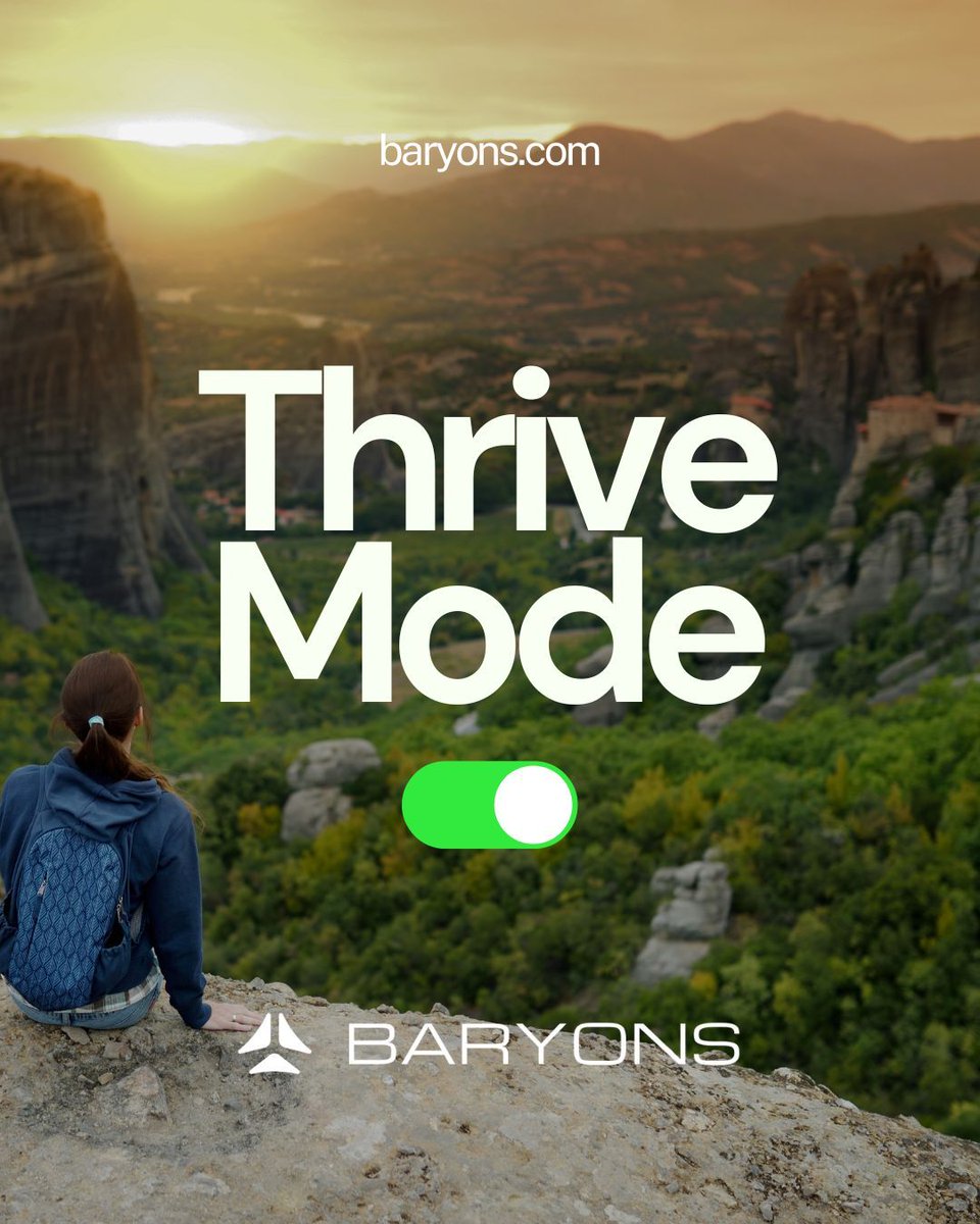 Thrive Mode:  ✅ 
Baryons is your Flourishing Partner. It listens, advises, and helps you design what’s next. Science-backed, human-centered, and patent-pending. Practice living well. See your progress. Share the gains. baryons.com #Flourishing