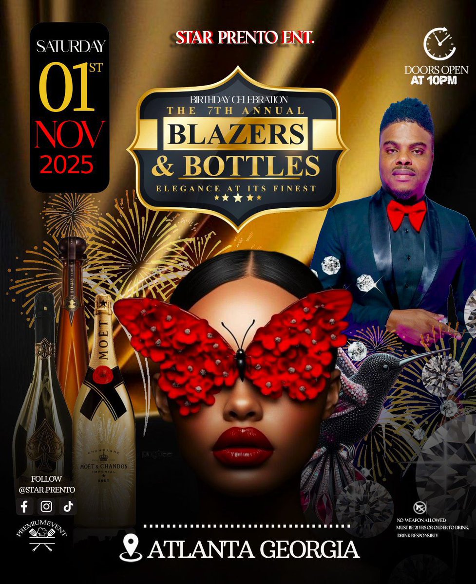The event that specializes in fashion and sophistication is back again!! @star.prento entertainment presents his 7th annual Blazers &amp; Bottles Birthnite Celebration!

Date: 
November 1, 2025

Location:
TBD

Follow @star.prento for more information and to purchase early tickets,