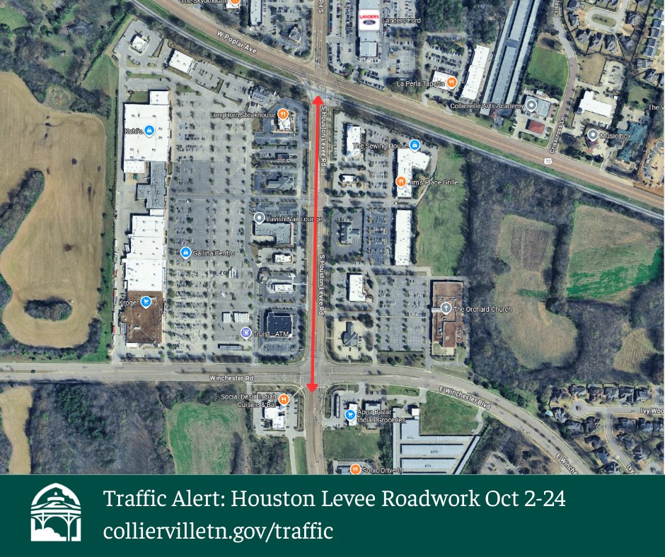 Traffic Alert: Roadwork on Houston-Levee from Oct 2-24, 2025

Upgrades: curb/gutter, sidewalk, ADA ramp repairs between Winchester &amp; RR track. Flaggers on-site. Use caution! 

This is prep for Spring 2026 repaving. Stay safe &amp; plan your routes!

🔗 colliervilletn.gov/traffic