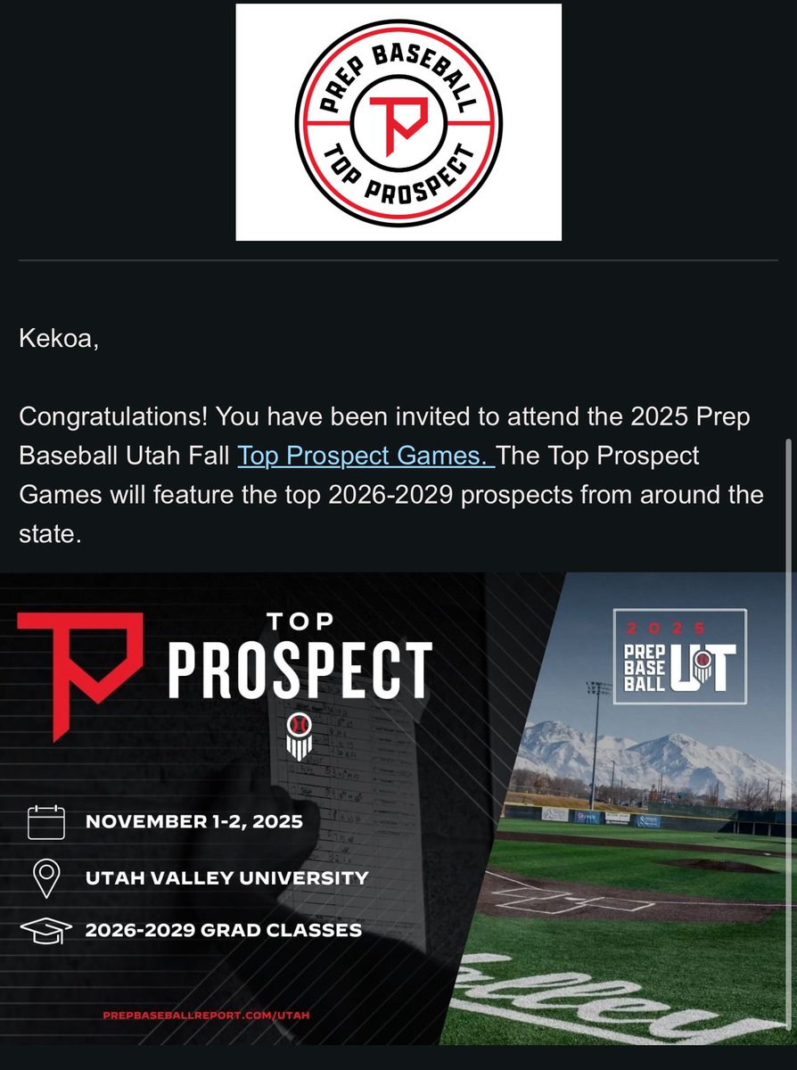 Super Stoked to announce that I have received an invite to the Top prospect games in November at Utah Valley University!

Big thanks to <a href="/CoachBerg801/">Taylor Berg</a> &amp; <a href="/PrepBaseballUT/">Prep Baseball Utah</a> for the invite!

Super excited to participate!
<a href="/Bluechip_Base/">BlueChip Baseball</a> <a href="/CoachKP21/">Kyle Pearson</a> <a href="/CoachKHaney1/">Coach K. Haney</a> <a href="/PB_Uncommitted/">Prep Baseball Uncommitted</a>