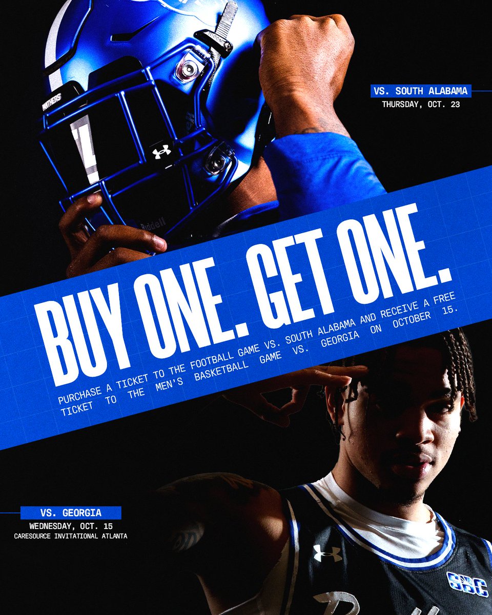 🚨BOGO ALERT🚨

Purchase a ticket to the Football game vs. South Alabama and receive a free ticket to the Men’s Basketball game vs. Georgia

🎟️: bit.ly/4pS2u3O

#LightItBlue | #MORE