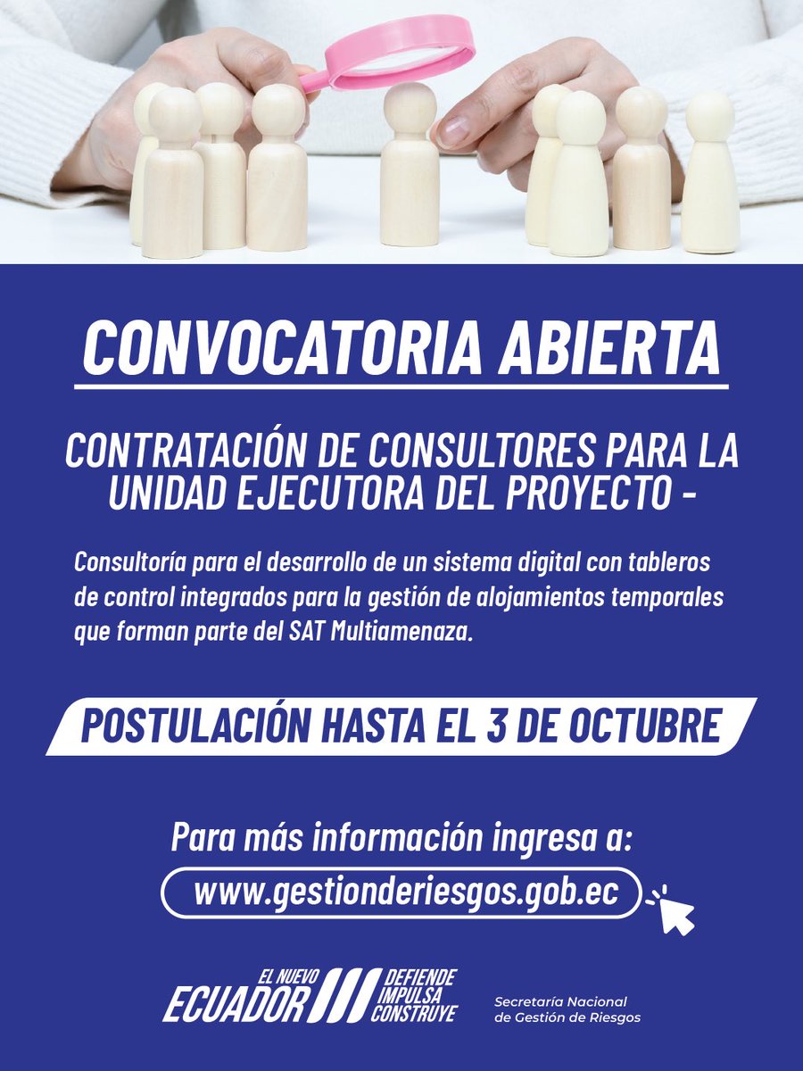 📢 ¡Convocatoria abierta!

La Secretaría Nacional de Gestión de Riesgos invita a consultores a participar:

Consultoría para el desarrollo de un sistema digital con tableros de control integrados para la gestión de alojamientos temporales que forman parte del SAT Multiamenaza.