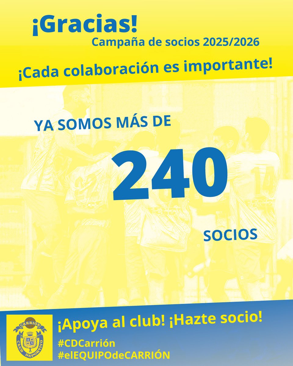 💛💙AFICIONADO💛💙
👏👏Gracias de todo corazón a las 240 personas que se han hecho socios/as del C.D. Carrión. Aquellos/as que no se hayan hecho aún todavía tienen tiempo de colaborar. 💶💶¡¡Son solo 10 euros!!

¡Respaldar al Carrión es apoyar a tu ciudad y tu comarca!¡Asóciate!