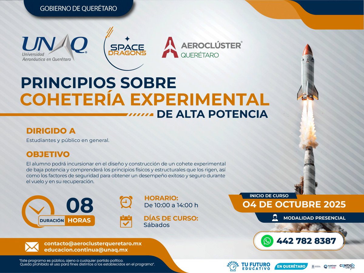 Diseña y construye tu propio cohete de baja potencia, aprendiendo sobre sus componentes, sistemas de recuperación y principios de seguridad para vuelos exitosos. 🚀

Más información 👉 bit.ly/4mDeuD7