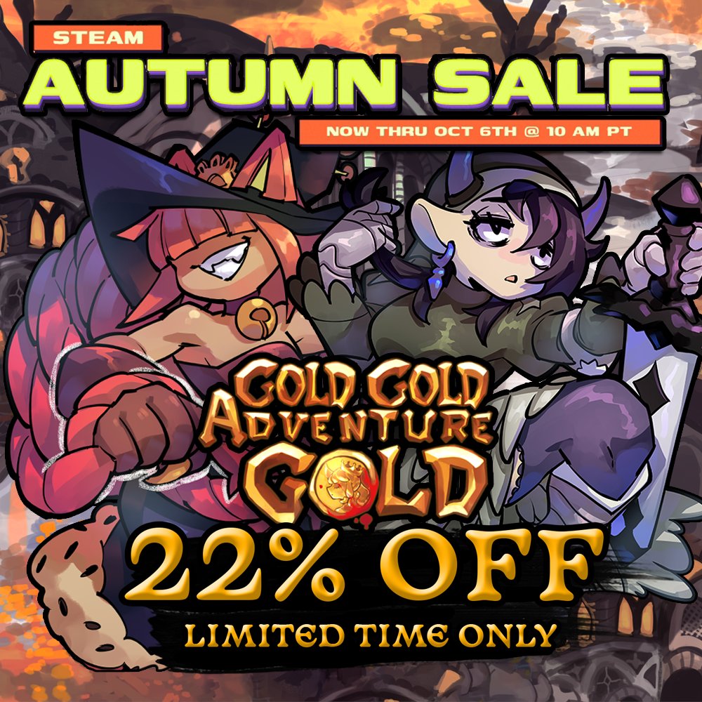 We're part of the Steam Autumn sale! 👀
You can get Gold Gold Adventure Gold for a fantastic Twenty Two Percent off until October 6th! 
#Gaming #IndieGame #SteamSale #GameDev