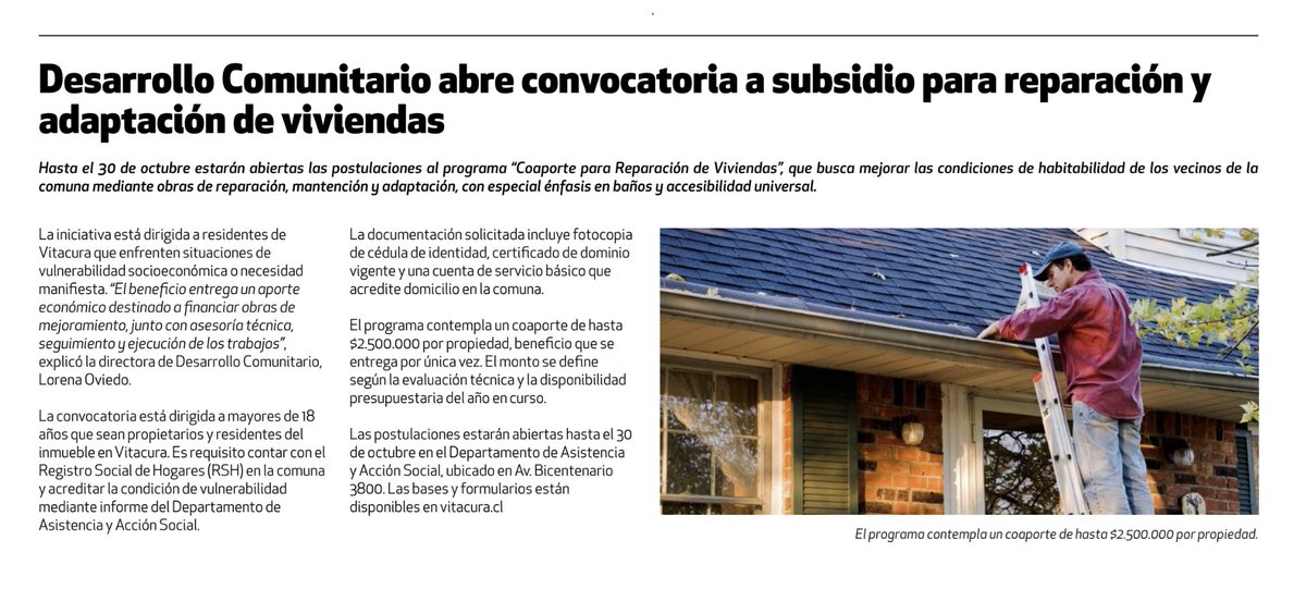 Ojo! Subsidio para personas con vulnerabilidad que viven en Vitacura y necesitan mejorar las condiciones de habitabilidad de su vivienda: