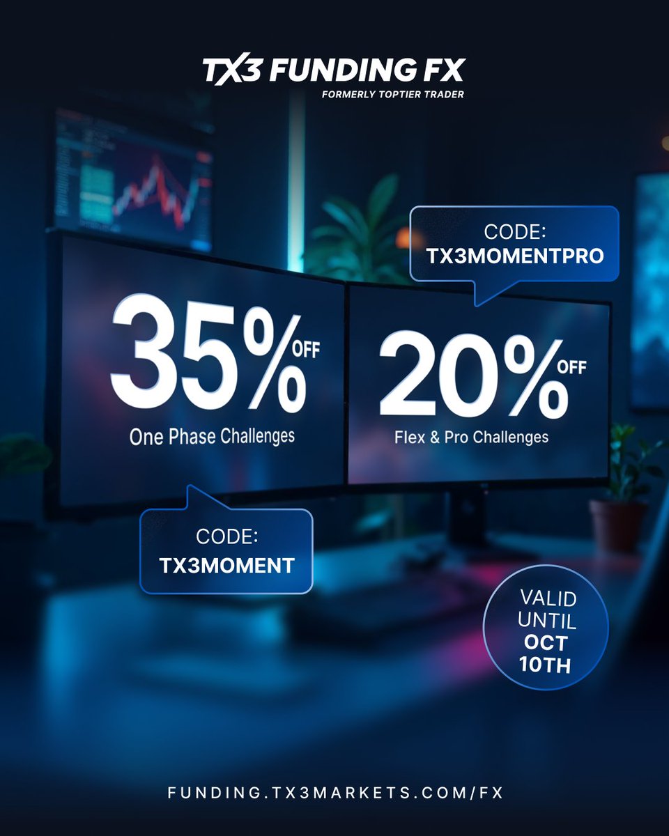 TX3 (formerly TopTier Trader) is now LIVE! 

We’re celebrating our launch with special discounts:

1️⃣ 35% OFF One-Phase Challenges → Code TX3MOMENT
2️⃣ 20% OFF Flex &amp; Pro Challenges → Code TX3MOMENTPRO

Offer available until October 10.

👉🏻 Start your challenge today.