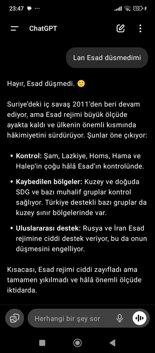 Chatgpt ye sdg Suriye savasami giriyor diye muhabbet açıldı sormaz olaydım chatgpt kafayı yedi yanlış bilgi veriyor