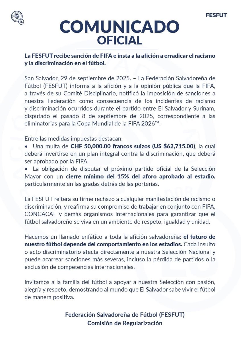 Sancionados con US $62,715.00 por incidentes racistas en el Cuscatlán