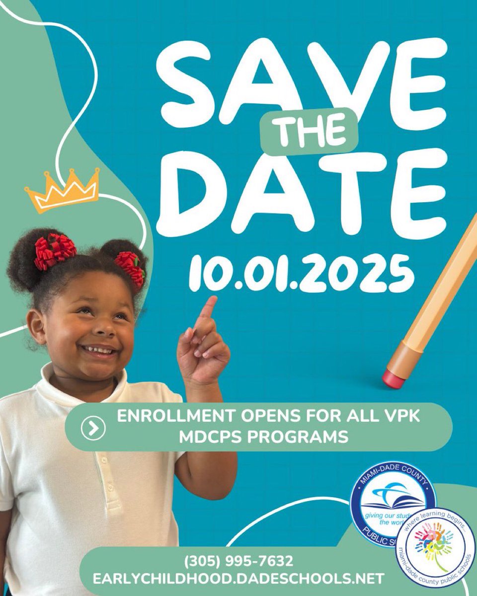 Save the Date!

Applications for VPK Programs at Miami-Dade County Public Schools for the 2026-2027 school year open on October 1st.

Secure your child’s spot and begin their learning journey!
#mdcpsyourbestchoice #wherelearningbegins  <a href="/SuptDotres/">Jose L. Dotres, Ed.D.</a>  <a href="/AcademicsMDCPS/">Division of Academics</a> @Idiaz_cao