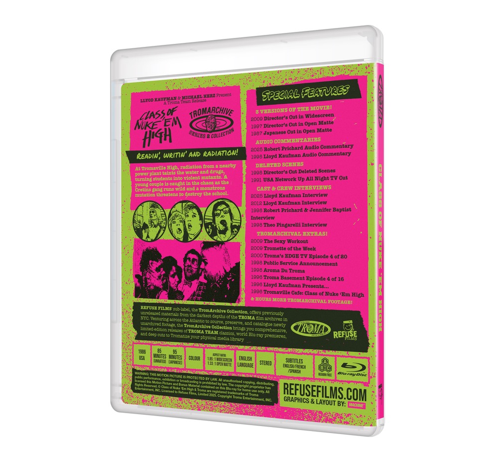 disc_connected's tweet photo. ***ANNOUNCEMENT***

Coming in early December on Blu-ray in the UK from @RefuseFilms as part of their #Tromarchive Collection: #ClassOfNukeEmHigh (1986)!

Readin’, writin’ and radiation!

At Tromaville High, radiation from a nearby power plant taints the water and drugs, turning students into violent mutants. A young couple is caught in the chaos as the Cretins gang runs wild, and a monstrous mutation threatens to destroy the school.

SPECIAL FEATURES

2009 2K Scan of the Director's Cut in HD Widescreen
1997 Director's Cut in Original Aspect Ratio
1987 Devil’s Poison High School (Japanese Cut) in Original Aspect Ratio
2025 Robert Prichard Audio Commentary
1998 Lloyd Kaufman Audio Commentary
1998 Director’s Cut Deleted Scenes
1991 USA Network Up All Night TV Scenes
2025 Lloyd Kaufman Interview
2012 Lloyd Kaufman Interview
1998 Robert Prichard & Jennifer Baptist Interview
1998 Theo Pingarelli Interview
2009 The Sexy Workout
2009 Tromette of the Week
2000 Troma’s EDGE TV Episode 4 of 20
1998 Public Service Announcement
1998 Aroma Du Troma
1998 All I Need to Know about Filmmaking I Learned from the Toxic Avenger
1996 Troma Basement Episode 4 of 16
1996 Lloyd Kaufman Presents…
1996 Tromaville Cafe: Class of Nuke ‘Em High
1986 Nuke ‘Em TV Spot & Trailers
Troma Trailer Tape 4
Troma Team Video Nuke ’Em Intro
Tromaville High School Digital Excess
Radiation March

SPECIFICATIONS

3 Versions of the Movie
Slipcover with Key Poster Art & Sleeve Design by MACHINE
Region: Zone Free (Playable Worldwide)
Disc: Factory Pressed to 3,000 Units
Running Times: 85 mins (Dir. Cut) 95 mins (Japanese Cut)
Special Features Running Time: Approx
Disc Size: BD50
Audio: English 2.0 Stereo
Subtitles: English, French, Spanish

https://t.co/ZTNnNbvkBQ

#BluRay #PhysicalMedia #BluRays #BoutiqueBluRay #CultMovies #DiscConnected #RefuseFilms #Troma