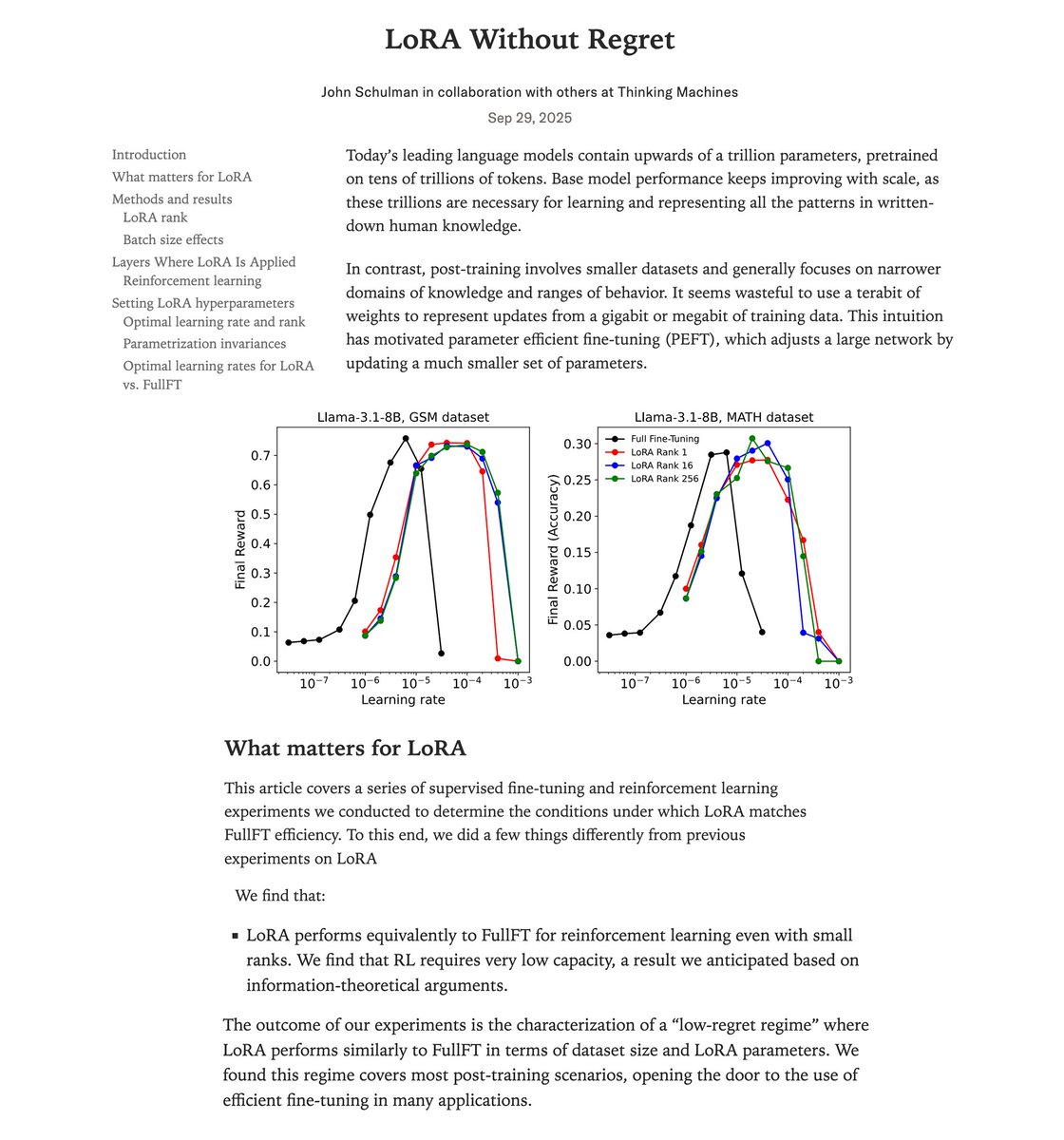 UnslothAI's tweet image. LoRA in reinforcement learning (RL) can match full-finetuning performance when done right! 💡
A new @thinkymachines post shows how using 10x larger learning rates, applying LoRA on all layers & more, LoRA at rank=1 even works.
We're excited to have collaborated on this blog!